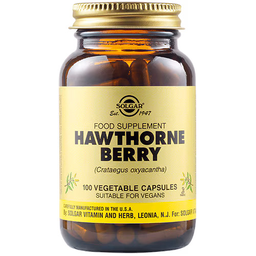 HAWTHORNE BERRY VEGETABLE CAPSULES_100 (1) Solgar Hawthorme Berry Vegetable Capsules - Συμπλήρωμα Με Κράταιγο Για Καρδιαγγειακά Νοσήματα - Δοχείο 100τμχ Φυτοκάψουλες - Image 1